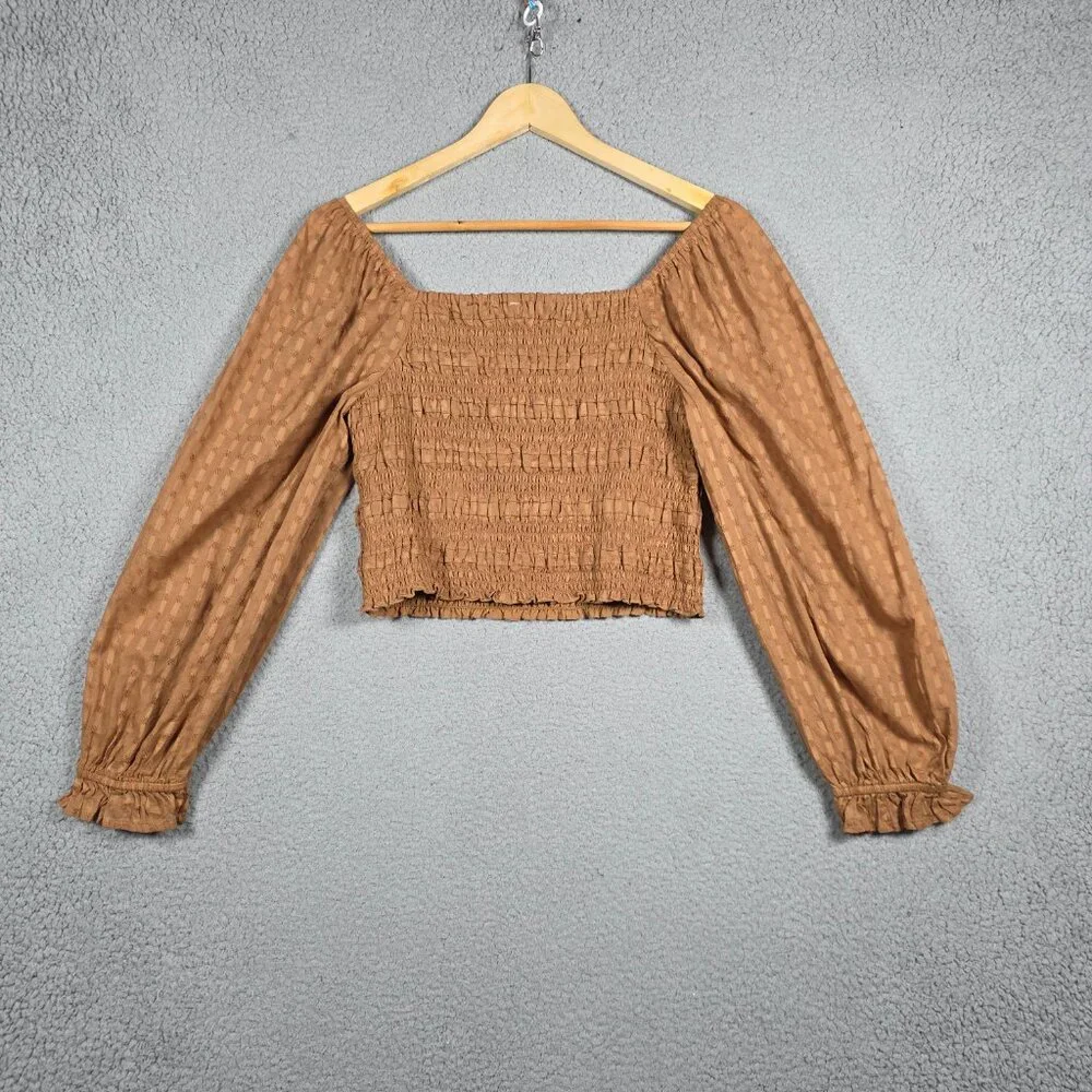 American Eagle Blouse Top Womens Medium Brown Smocked Cropped Peasant Picnic NWT